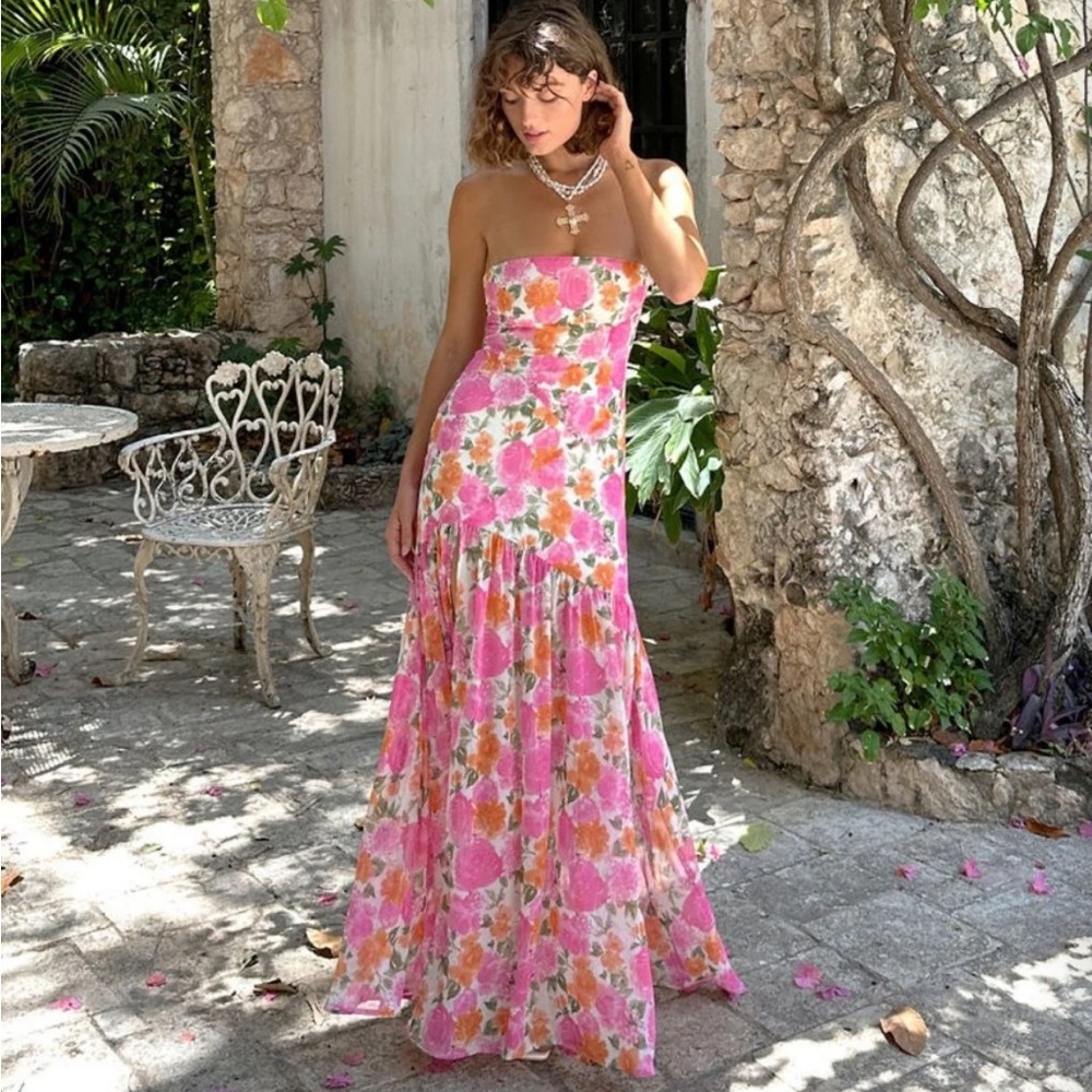 12th Tribe LaBelle Strapless Pink Floral Maxi Dress